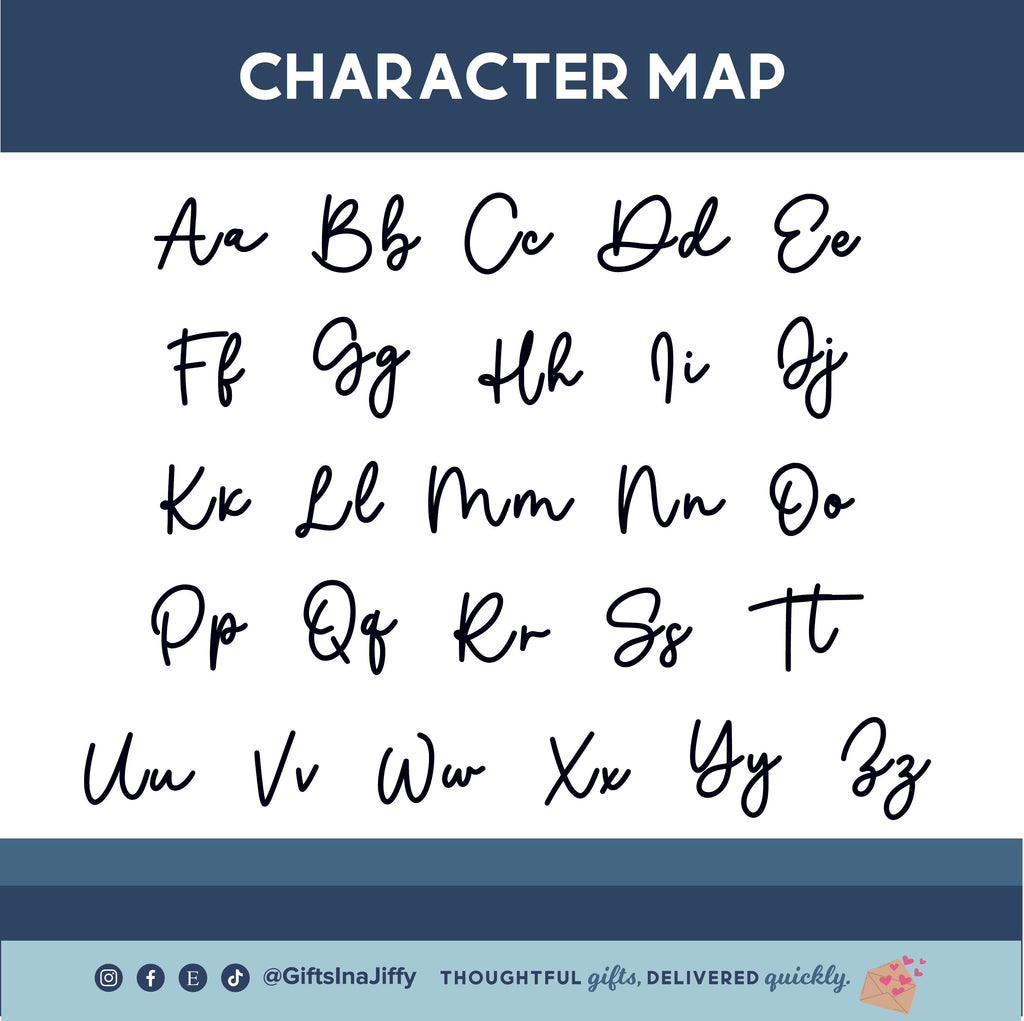 Character map with handwritten alphabet letters on a white background with blue borders.