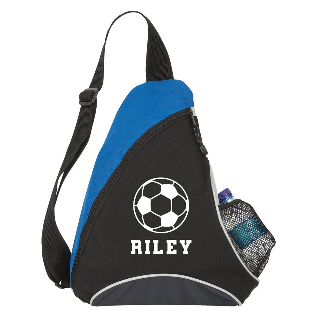 Blue and black sling bag with soccer ball design and 'RILEY' text on a white background