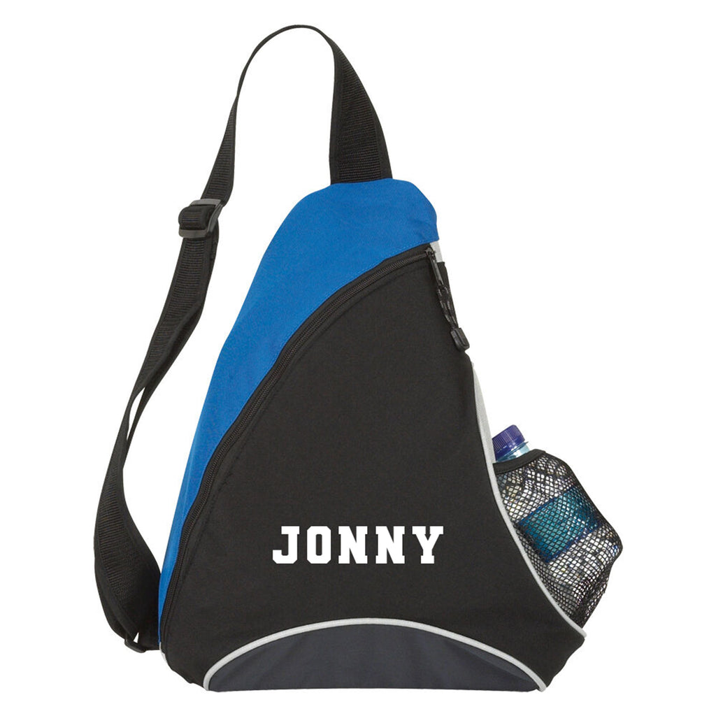 Black and blue sling bag with 'JONNY' branding on a white background