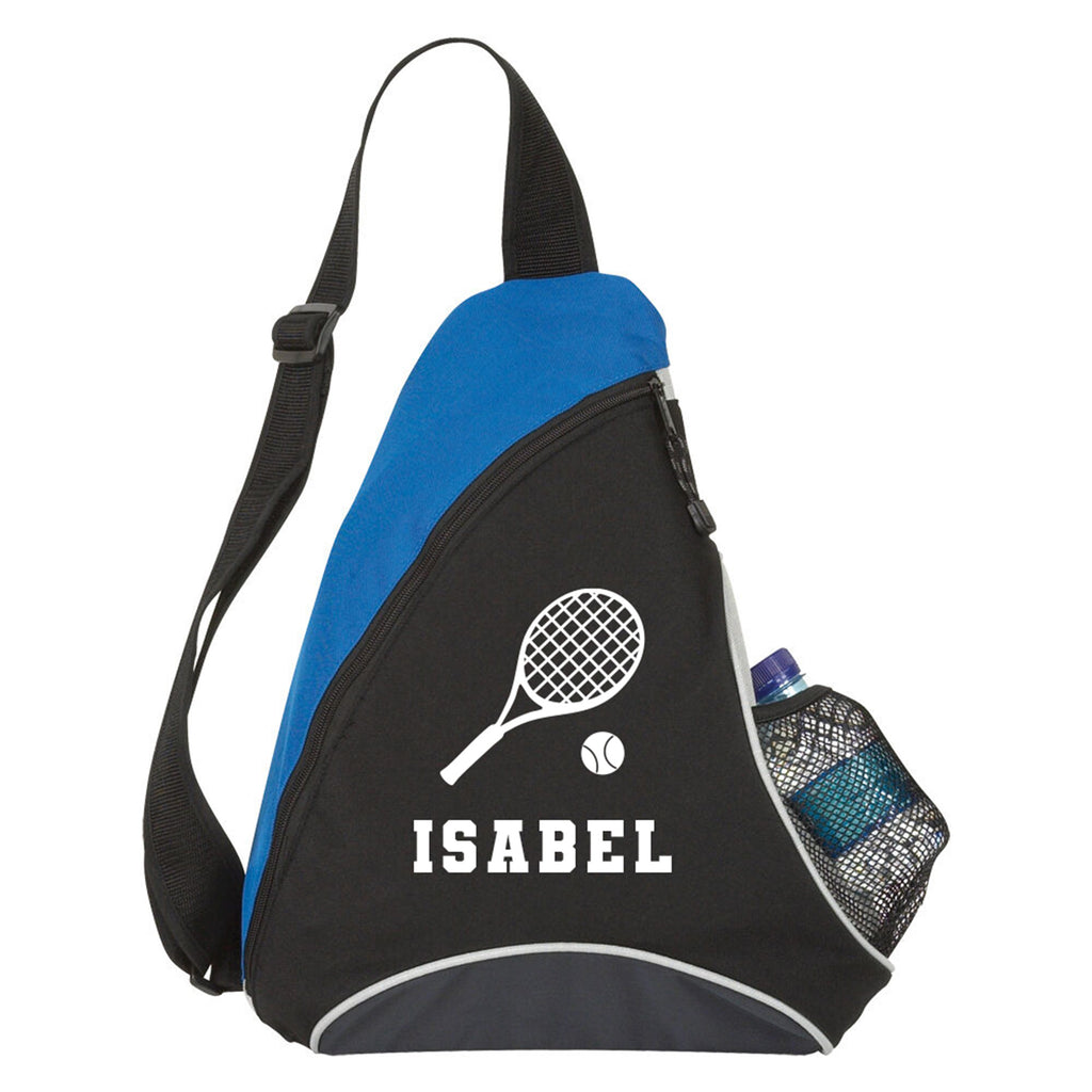 Black and blue sling bag with tennis racket and ball design, personalized with 'ISABEL'.