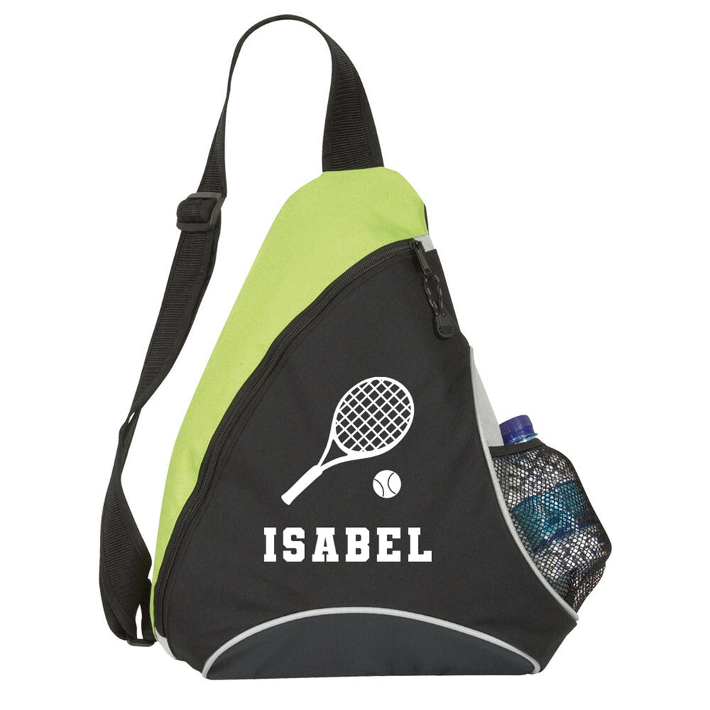 Black and green sling bag with tennis racket and ball design, personalized with 'ISABEL'.