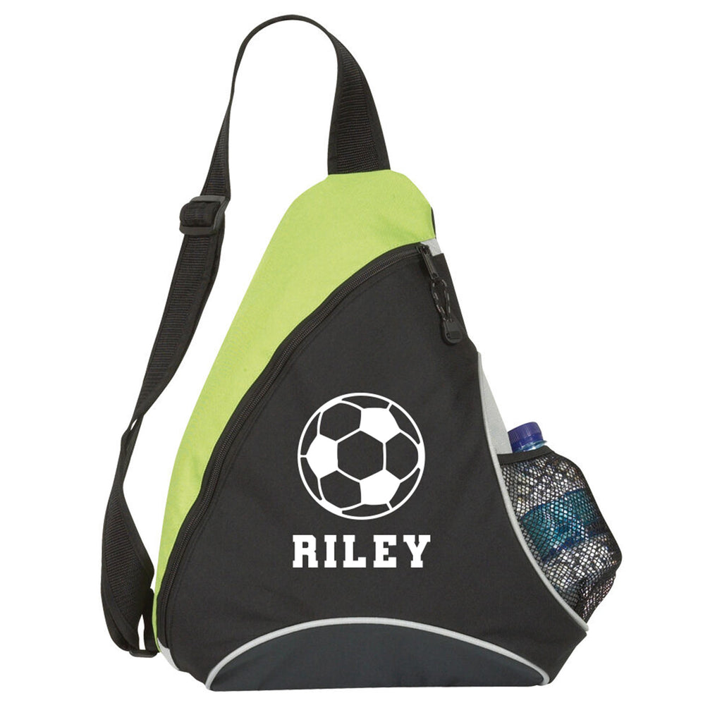 Sling bag with soccer ball design and 'RILEY' text on a white background