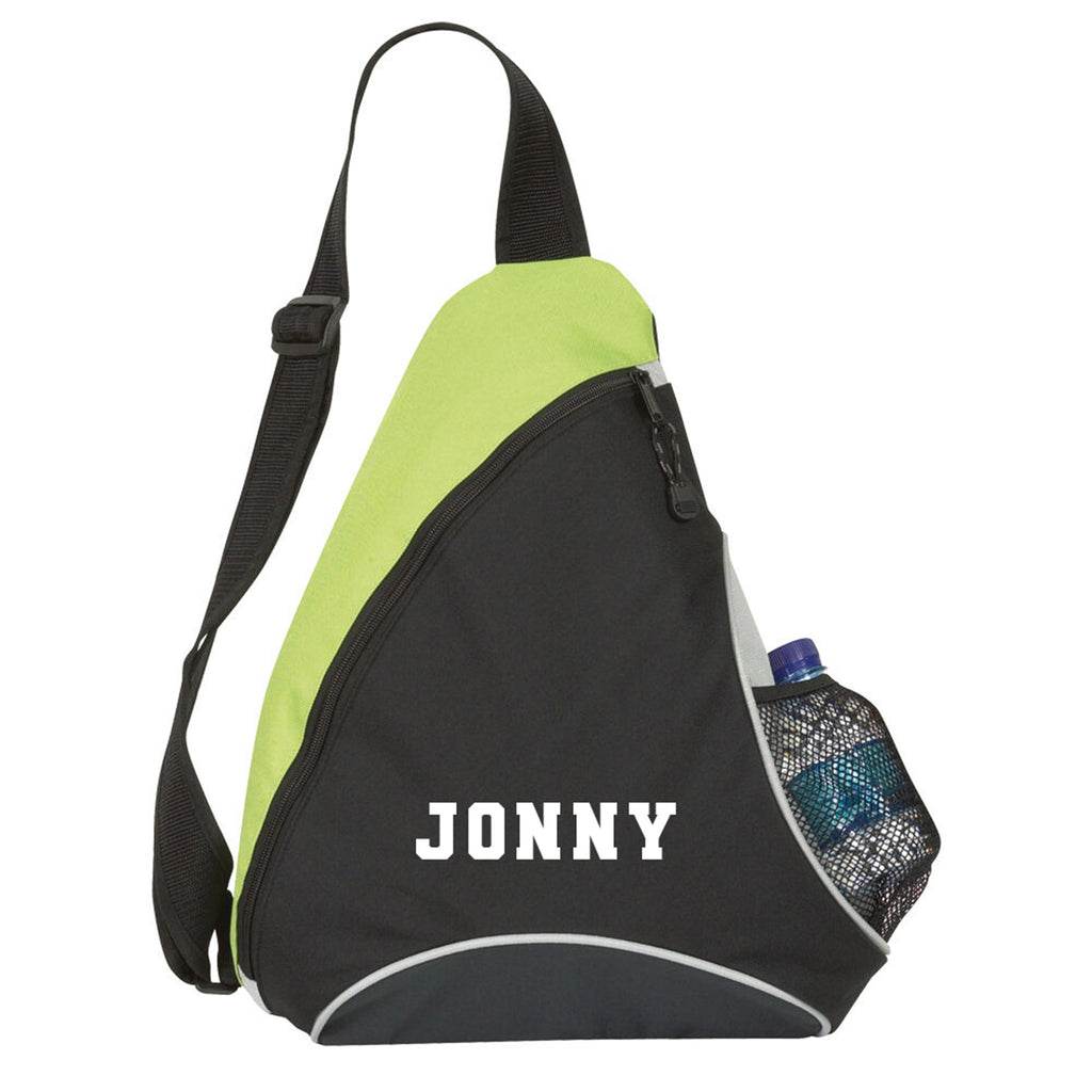 Black and green sling bag with 'JONNY' branding on a white background