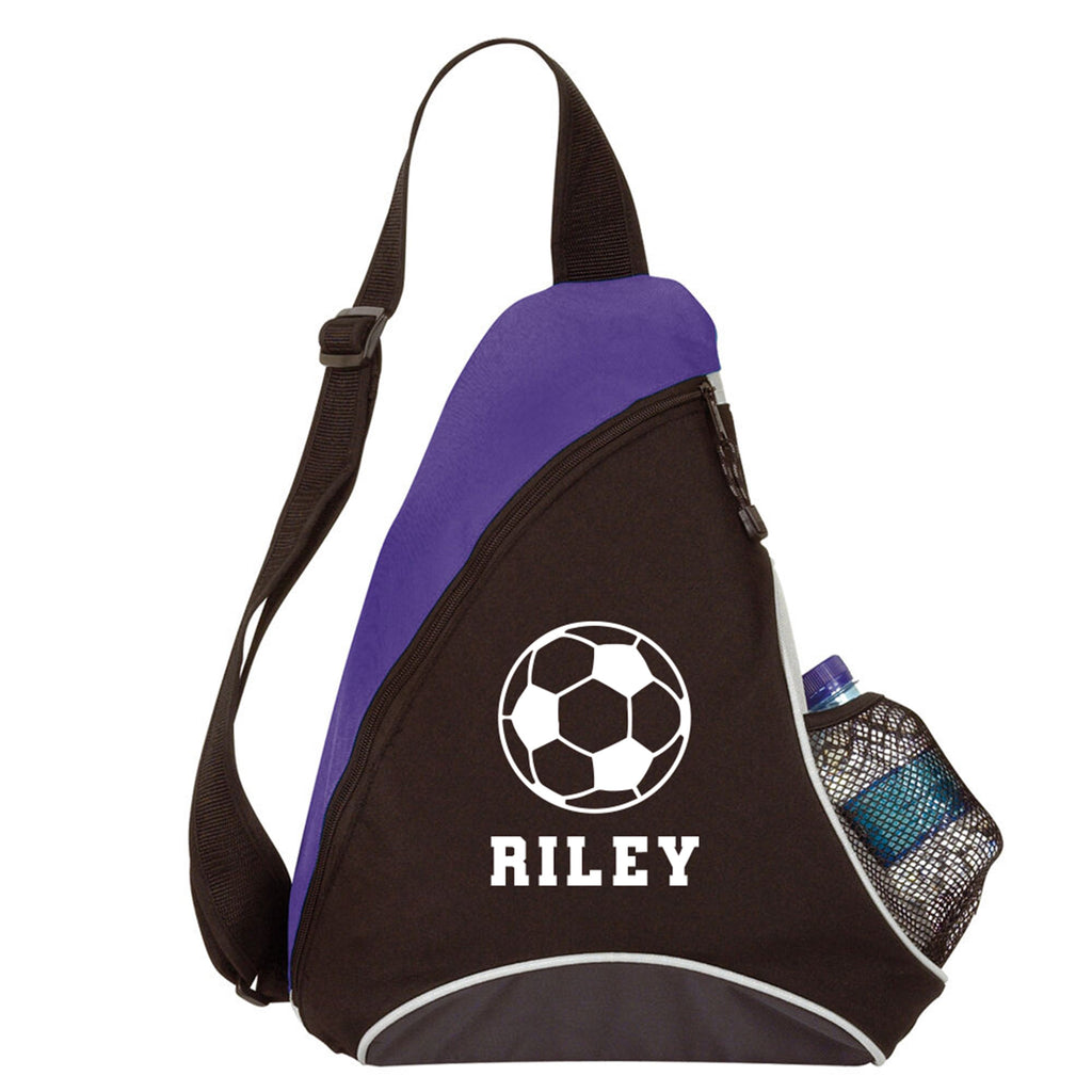 Black and purple sling bag with a soccer ball design and 'RILEY' text on a white background