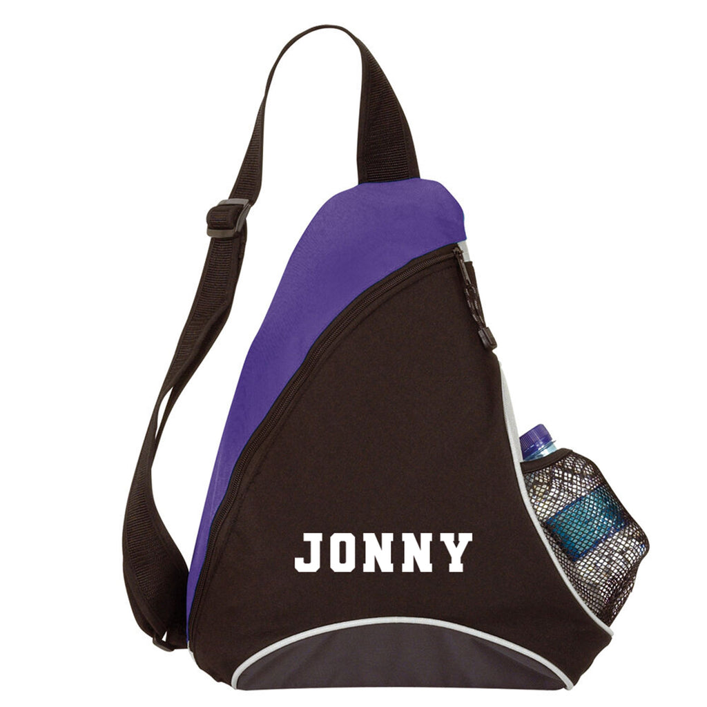 Black and purple sling bag with 'JONNY' branding on a white background