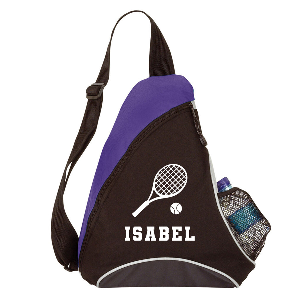 Black and purple sling bag with tennis racket and ball design, personalized with 'ISABEL'.