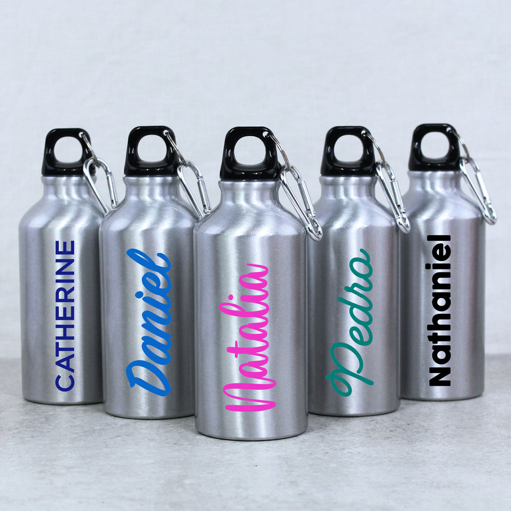 Personalised Silver 400ml Metal Water Bottle with Carabiner Clip