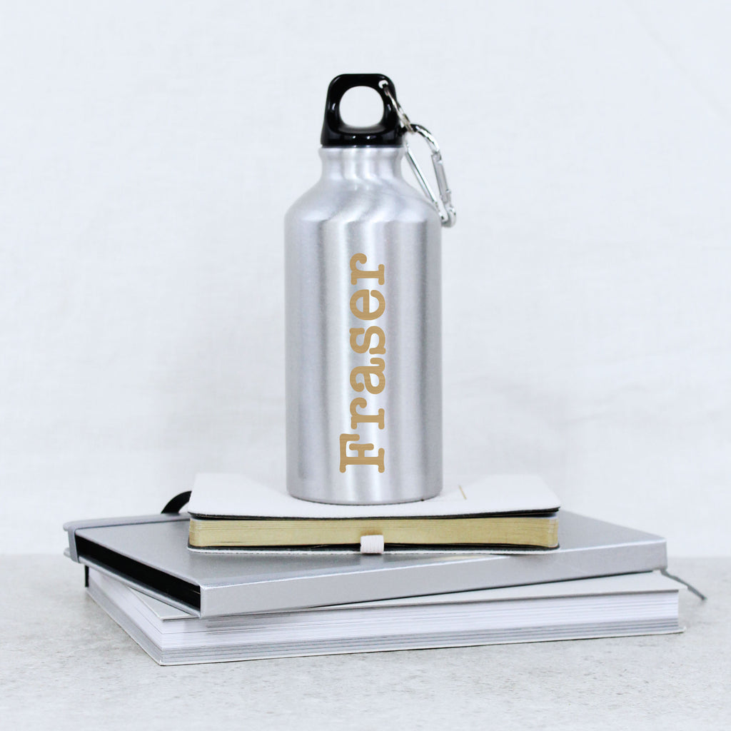 Personalised Silver 400ml Metal Water Bottle with Carabiner Clip