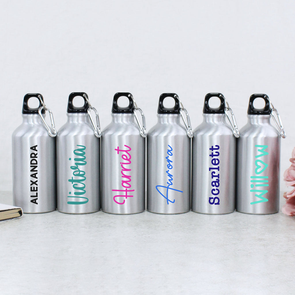 Personalised Children's Silver Metal Water Bottle with Carabiner Clip