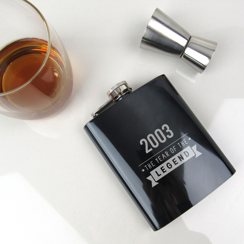 Black Metal 7oz Hip Flask  "2003 Year of The Legend" 21st Birthday Gifts for Men