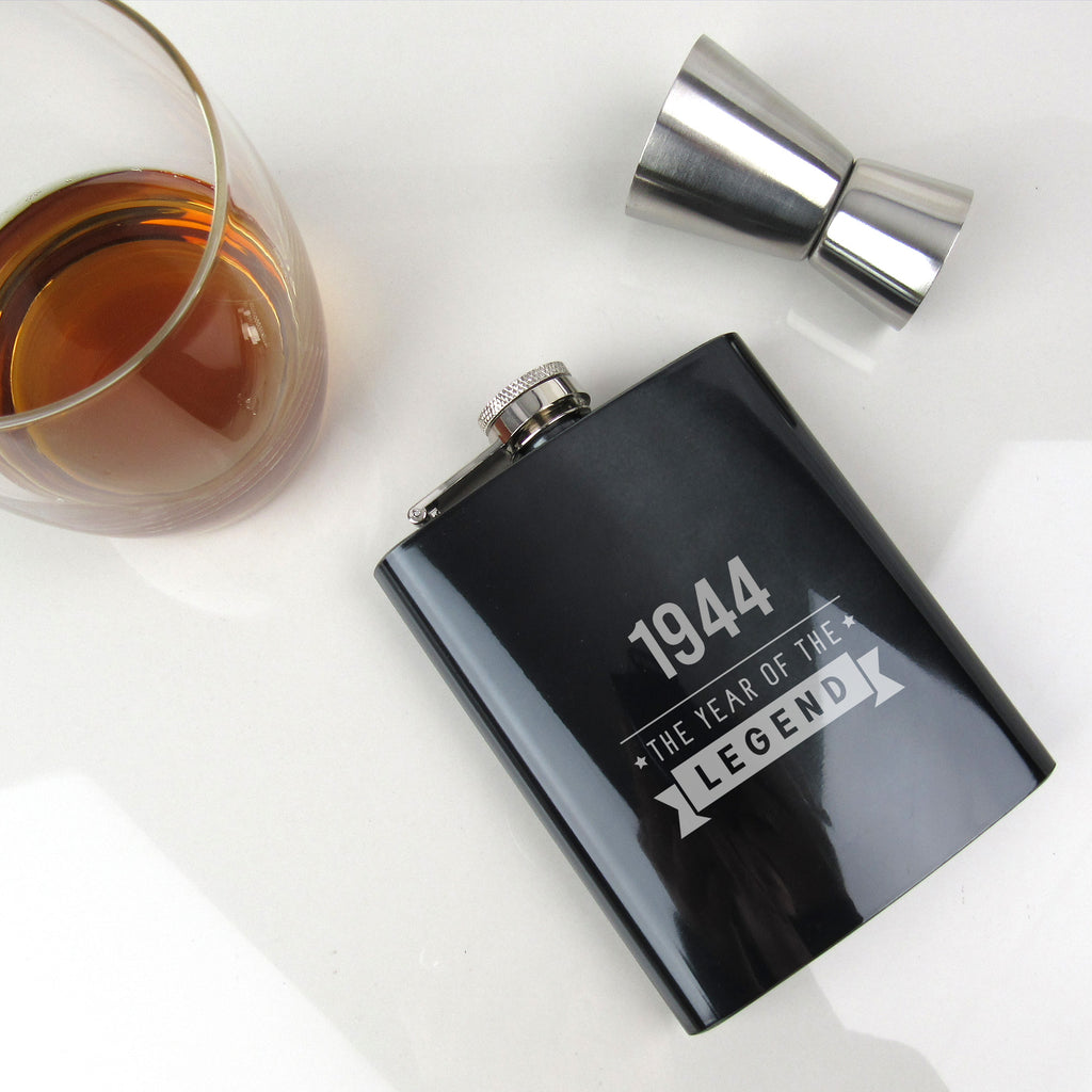 Black Metal Hip Flask "1944  Year of The Legend" Design - 80th Birthday Gifts for Men, 7oz