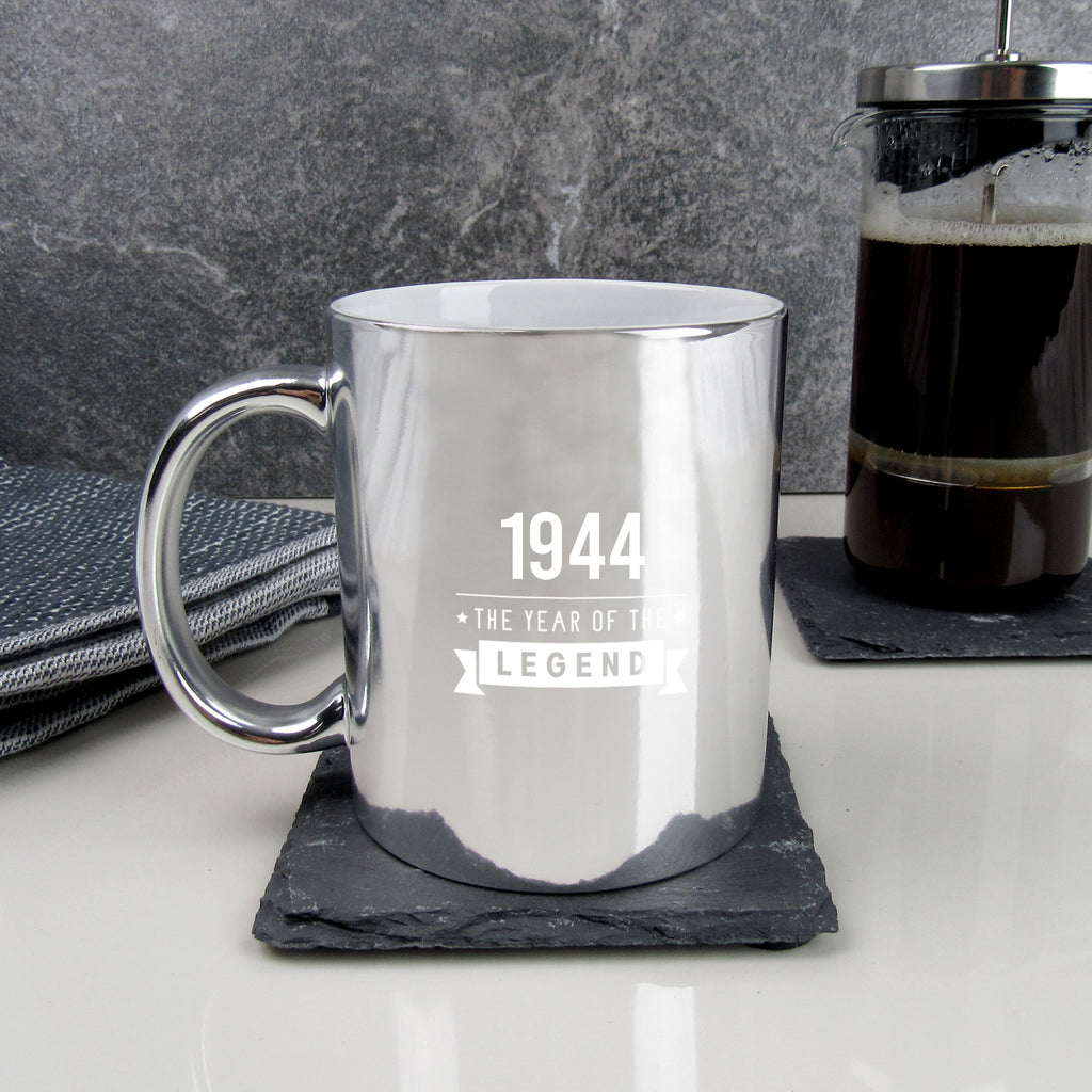 Shiny Metallic Silver Coffee Mug Cup "1944 Year of The Legend" Design, 80th Birthday Gifts