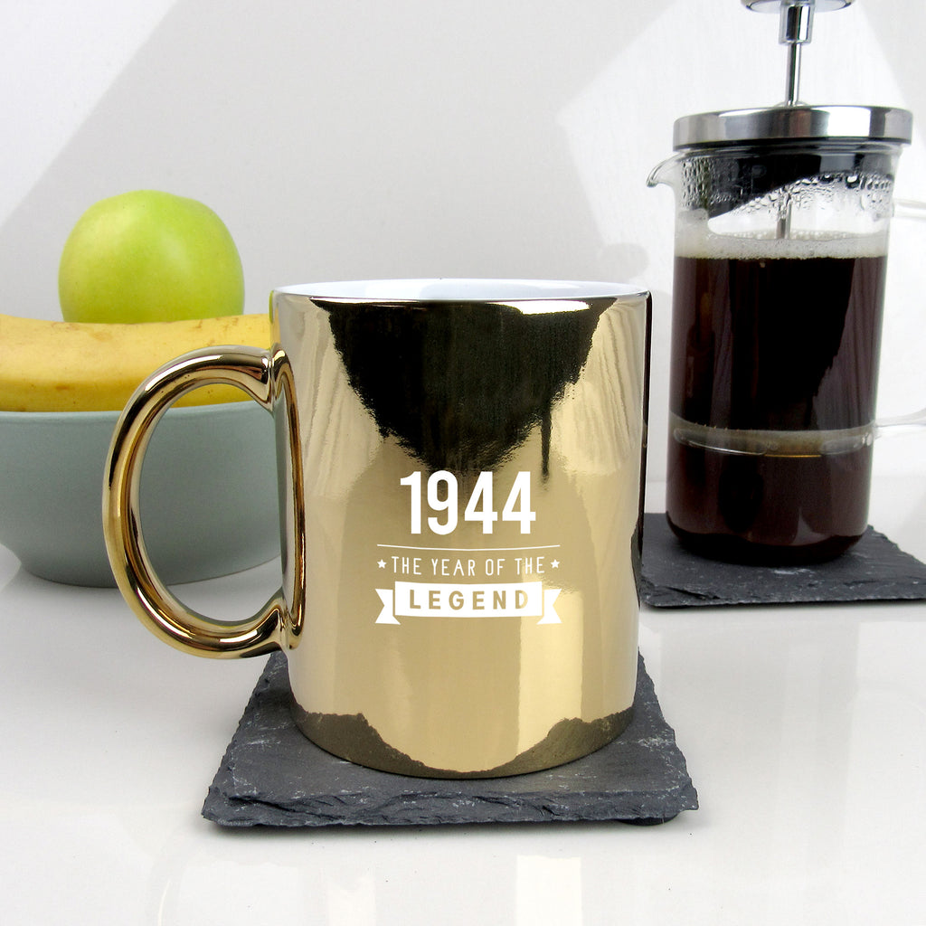 Shiny Metallic Gold Coffee Mug Cup "1944 Year of The Legend" Design, 80th Birthday Gifts, 350ml