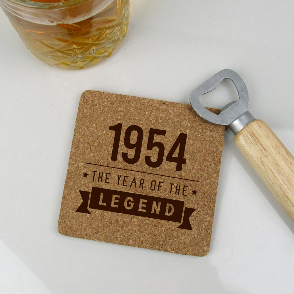 Cork Coaster "1954 Year of The Legend" Design, 70th Birthday Gifts for Men, Square Drinks Mat