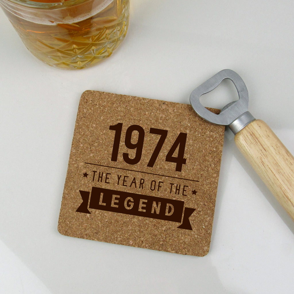 Engraved Square Cork Coaster "1974 Year of The Legend" Design - 50th Birthday Gift