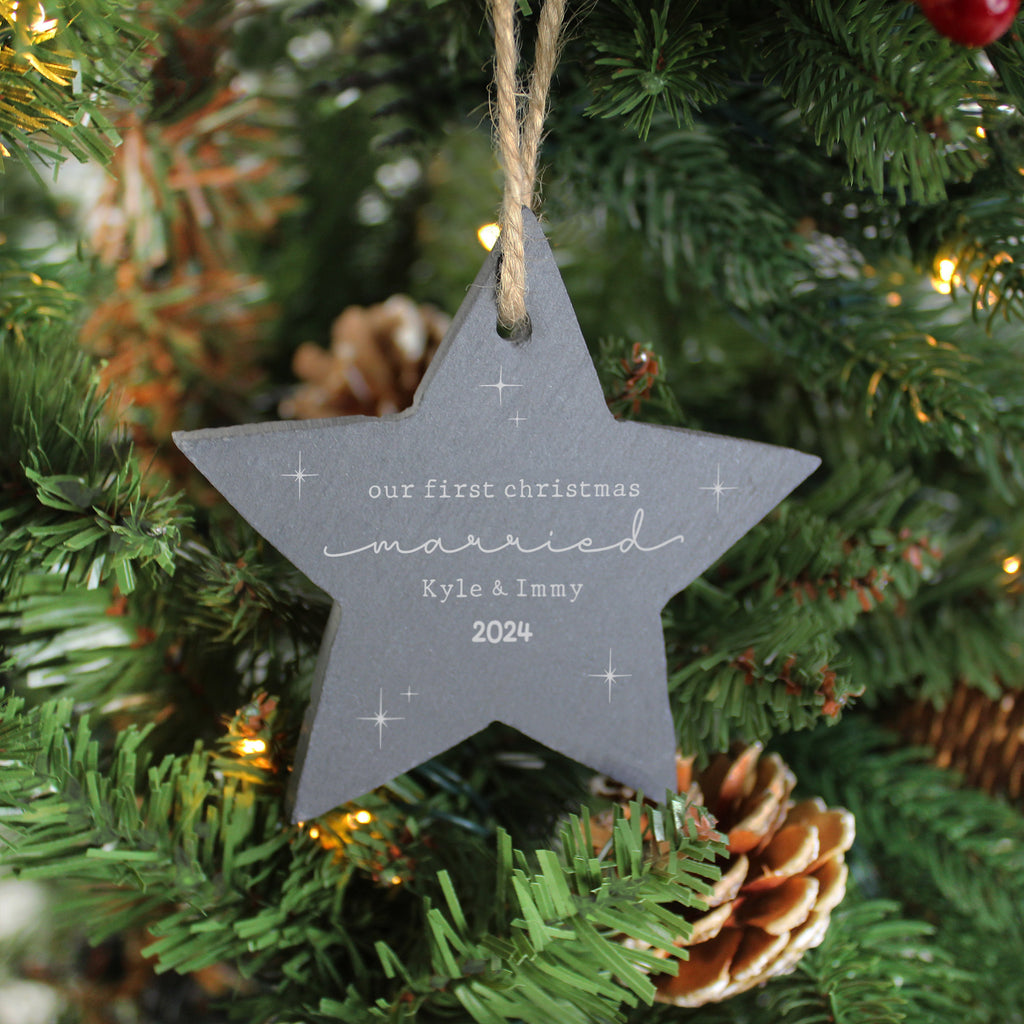 Personalised 'Our First Christmas Married' Slate Bauble