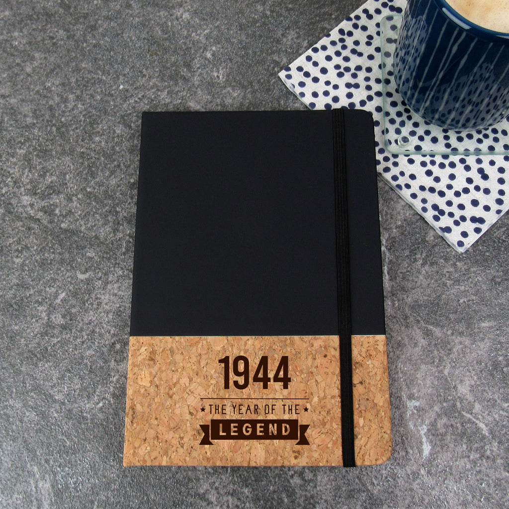 Black Cork Notebook "1944 Year of The Legend" Design - 80th Birthday Gifts, A5