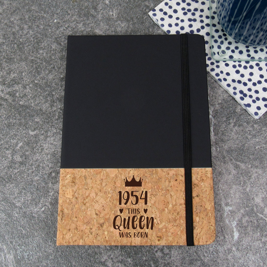 Black Cork Notebook "1954 This Queen Was Born" Design, 70th Birthday Gift, A5 Notepad