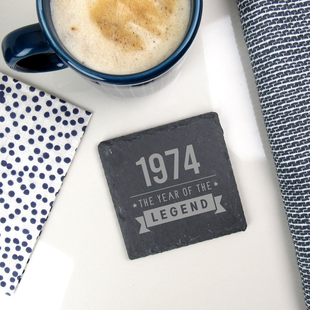 Natural Square Slate Coaster, "1974 Year of The Legend" Design, 50th Birthday Gift