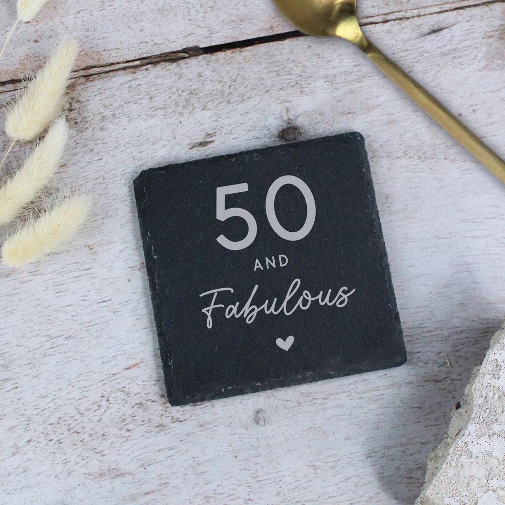 Personalised 50 & Fabulous Square Slate Coaster
