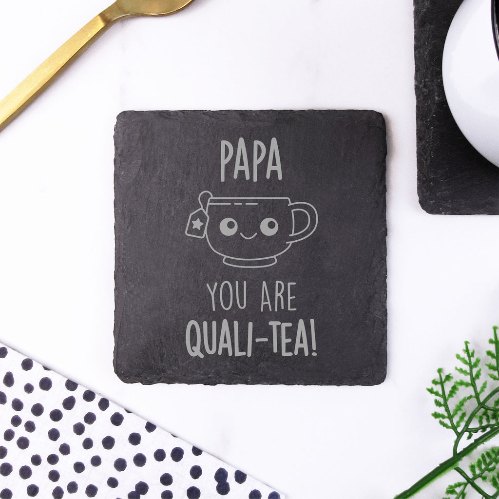 Personalised 'Dad You Are Quali-Tea' Coffee Mug with Square Slate Coaster Option
