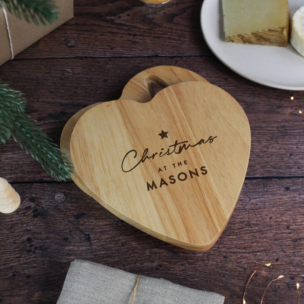 Personalised Heart Shaped Family Cheese Board Set - Christmas At The