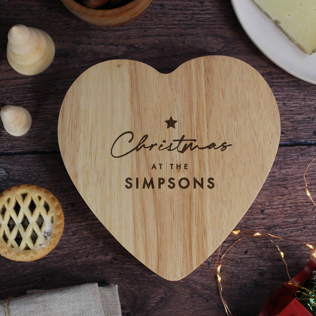 Personalised Heart Shaped Family Cheese Board Set - Christmas At The