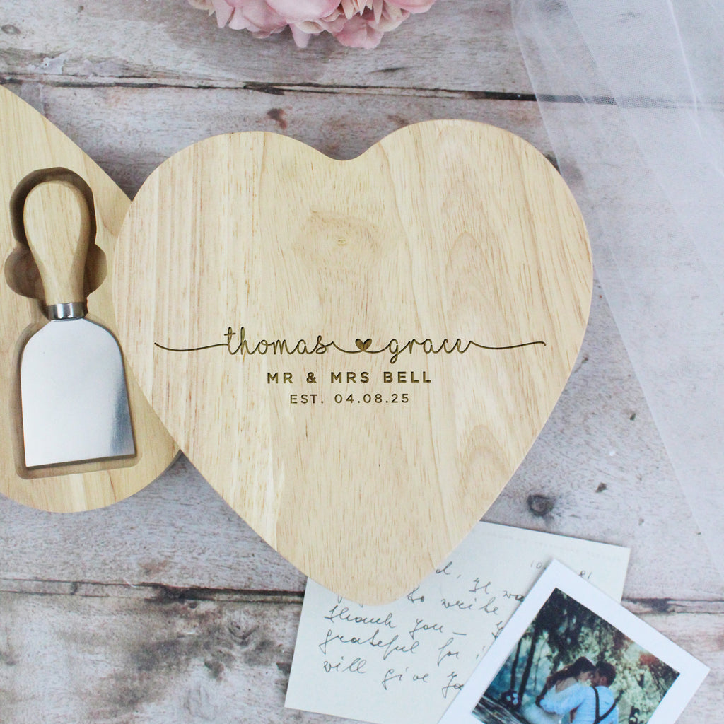 Personalised Couples Heart Cheese Board with Tools