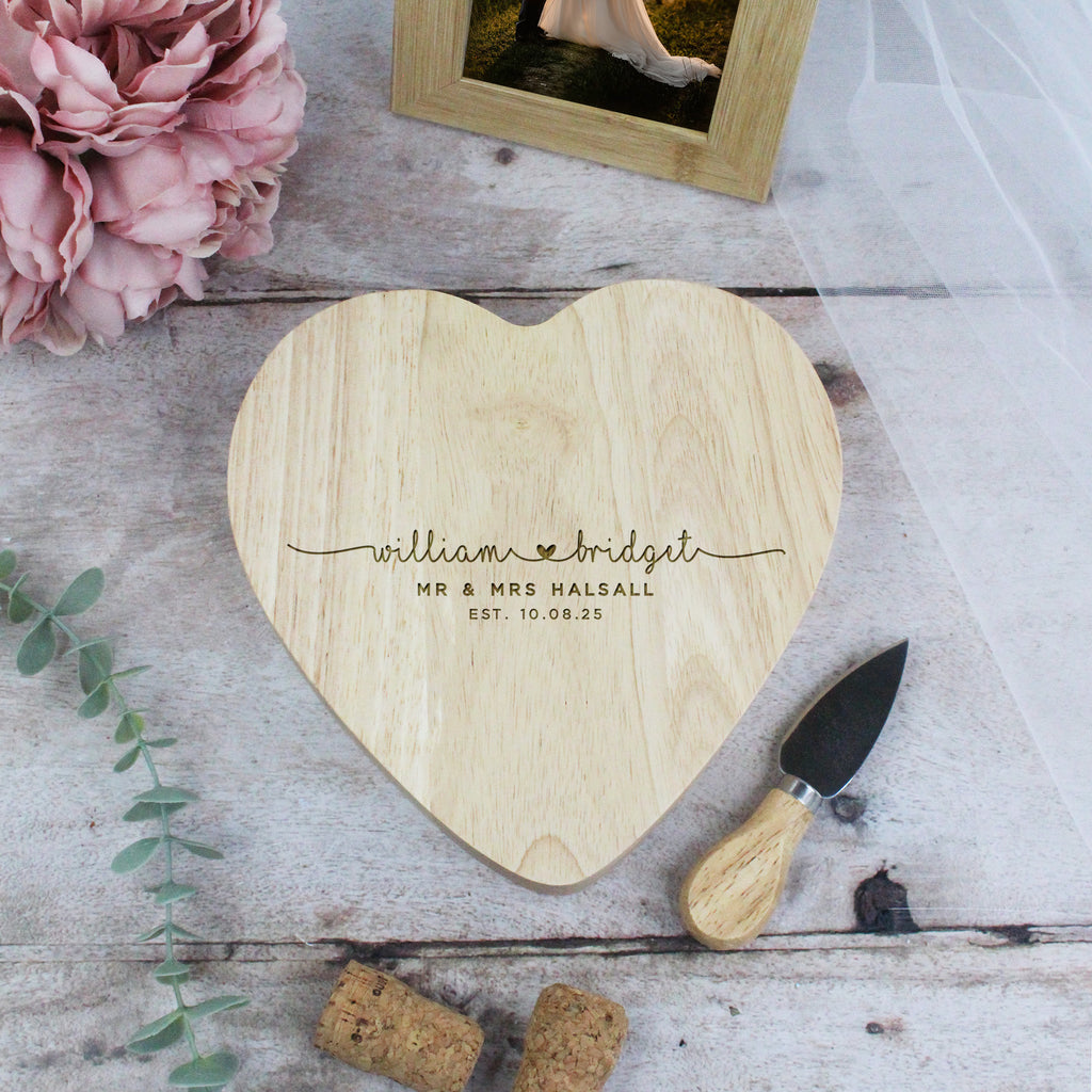 Personalised Couples Heart Cheese Board with Tools