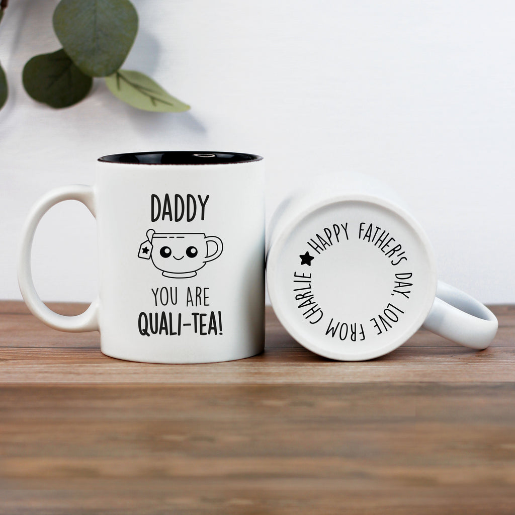 Personalised 'Dad You Are Quali-Tea' Coffee Mug with Square Slate Coaster Option