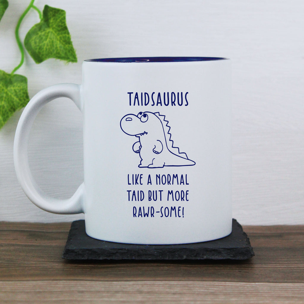 Personalised "Taidsaurus" Blue Reveal Coffee Mug - Like A Normal Taid But More Rawr-Some