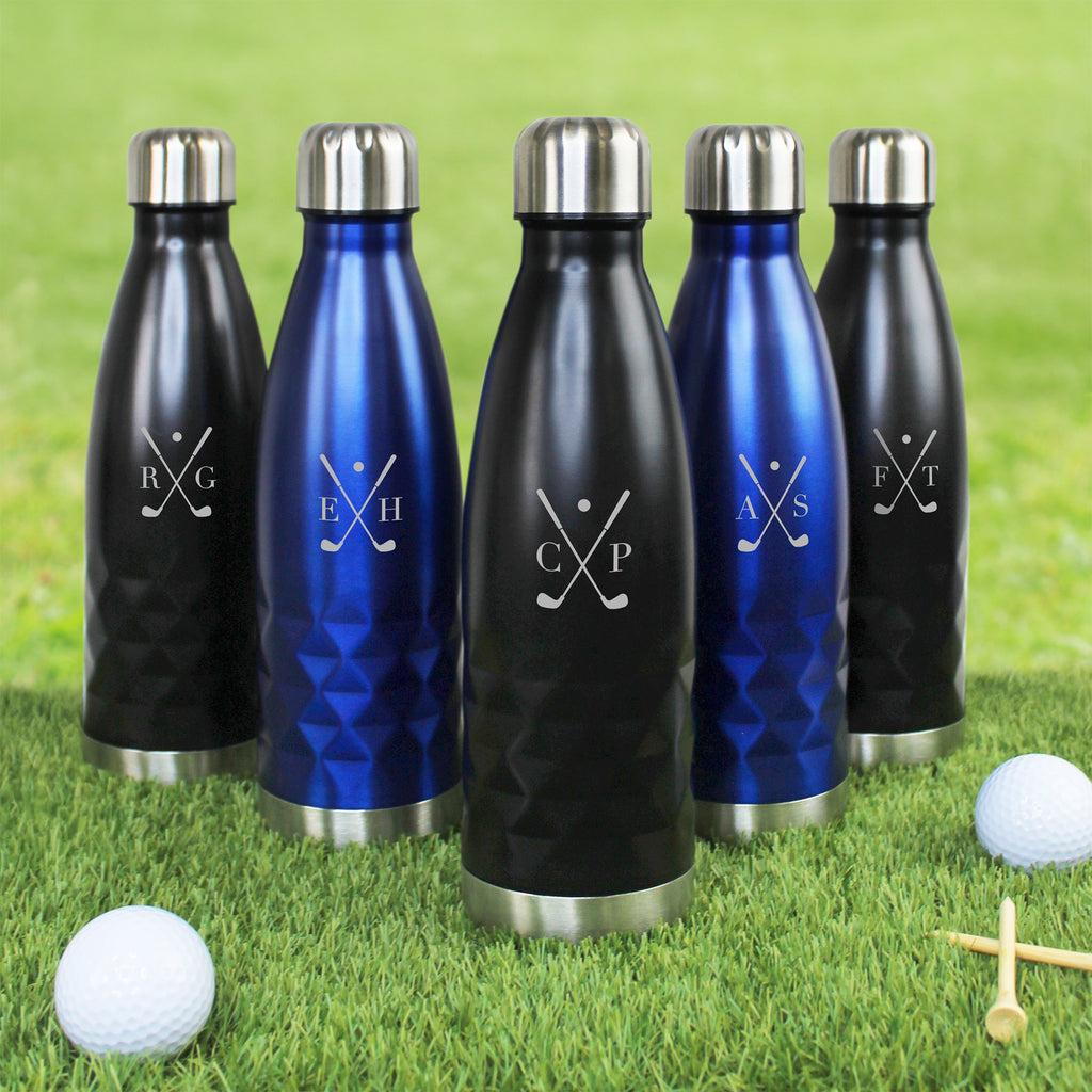 Set of five insulated bottles with golf-themed designs on a grass background
