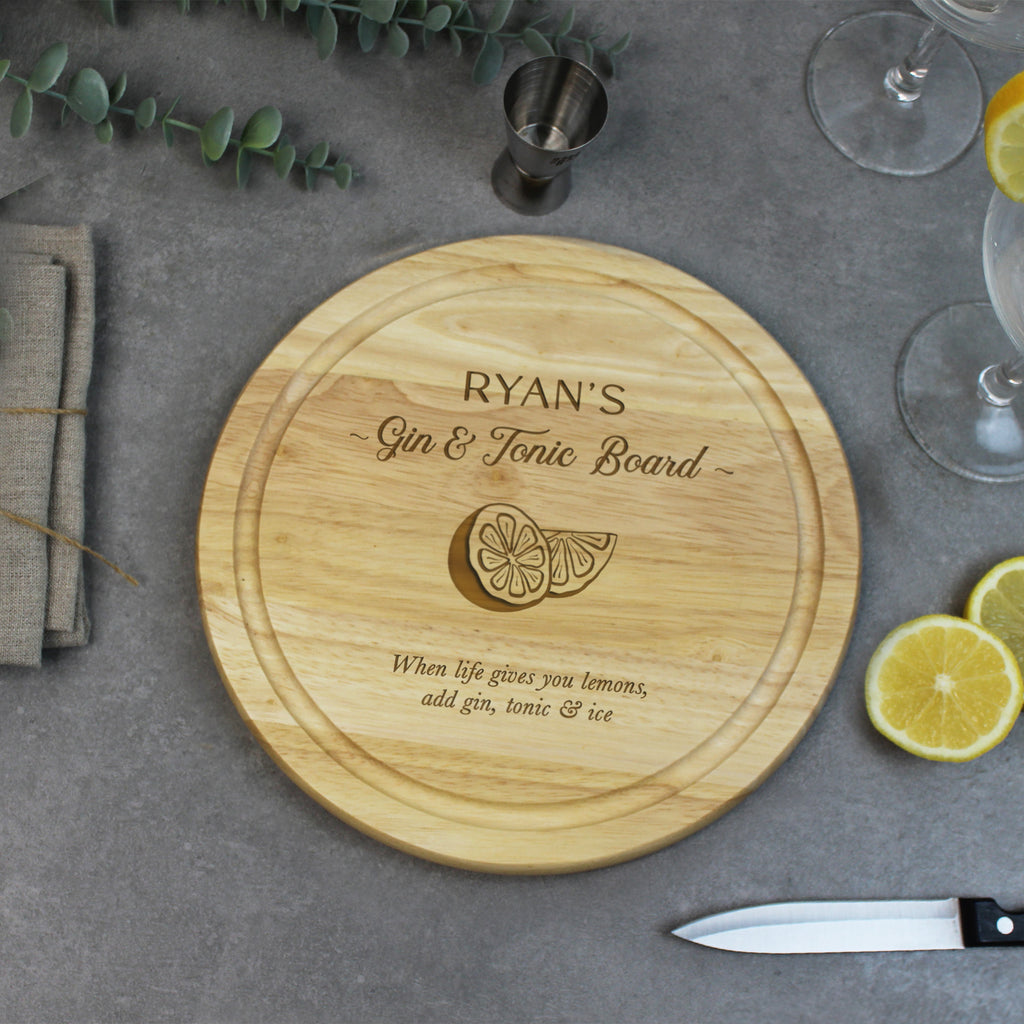 Personalised Round Wooden Gin & Tonic Board