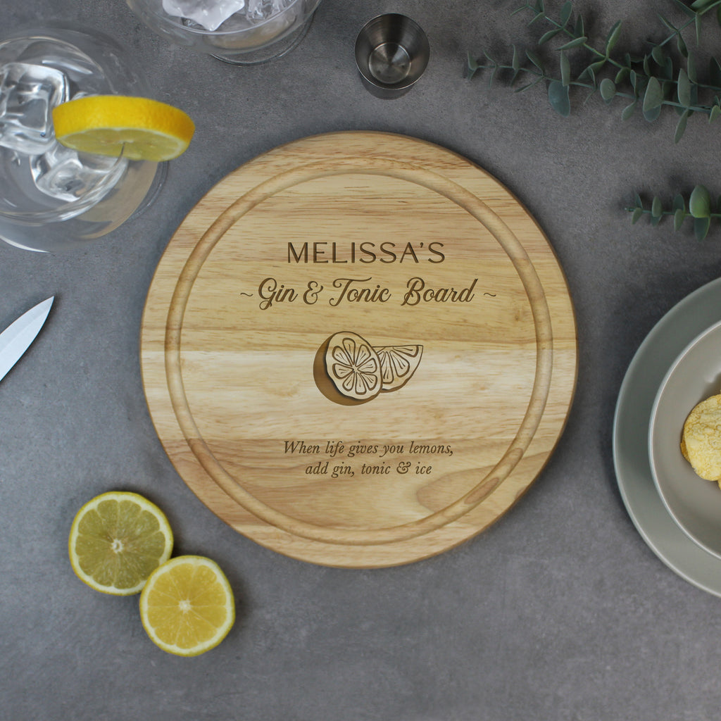 Personalised Round Wooden Gin & Tonic Board