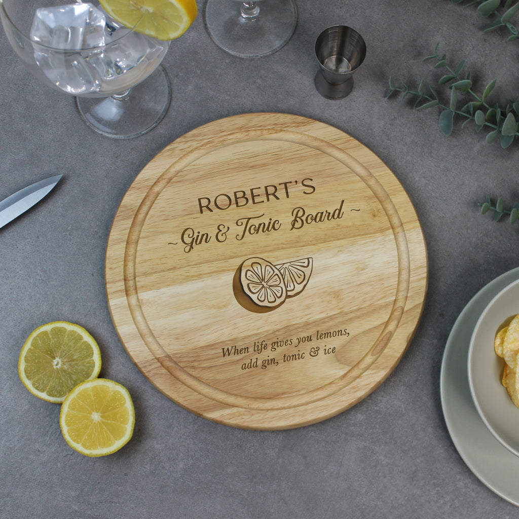 Personalised Round Wooden Gin & Tonic Board