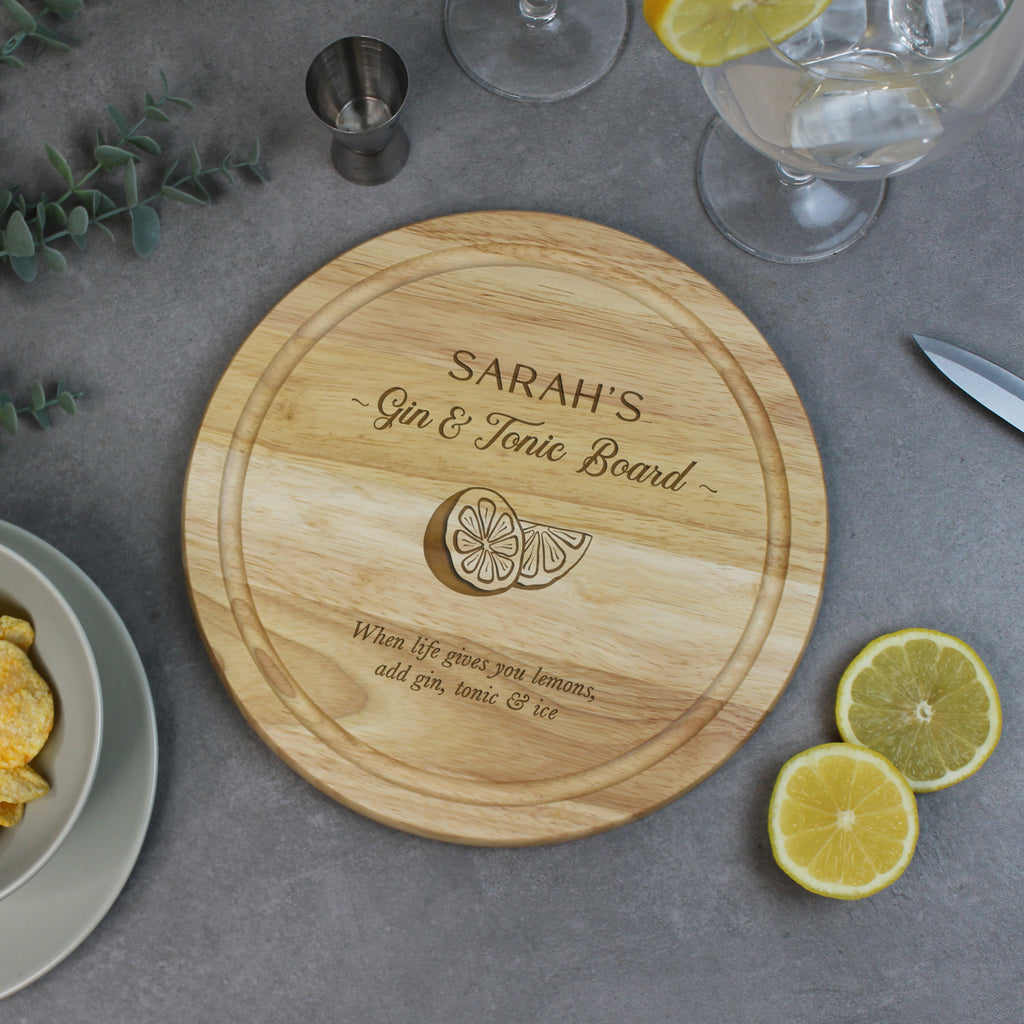 Personalised Round Wooden Gin & Tonic Board