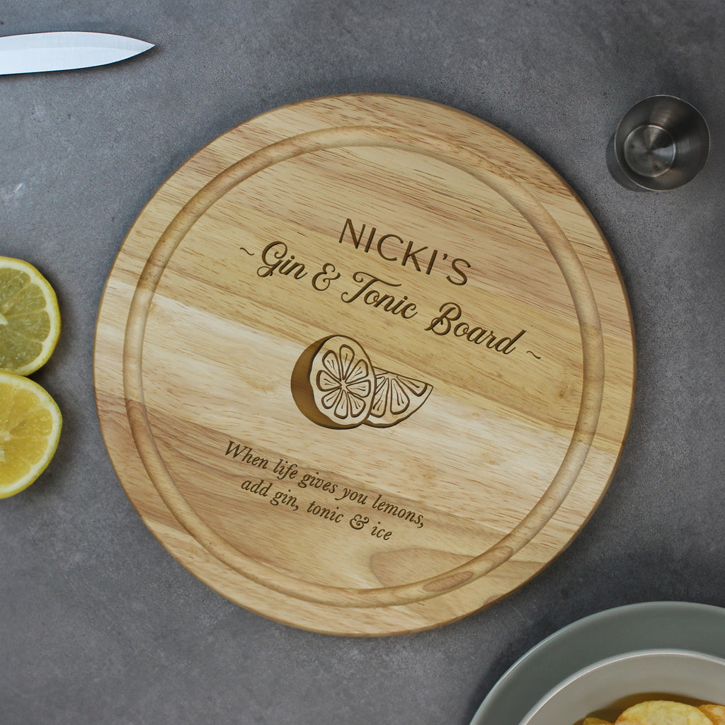 Personalised Round Wooden Gin & Tonic Board