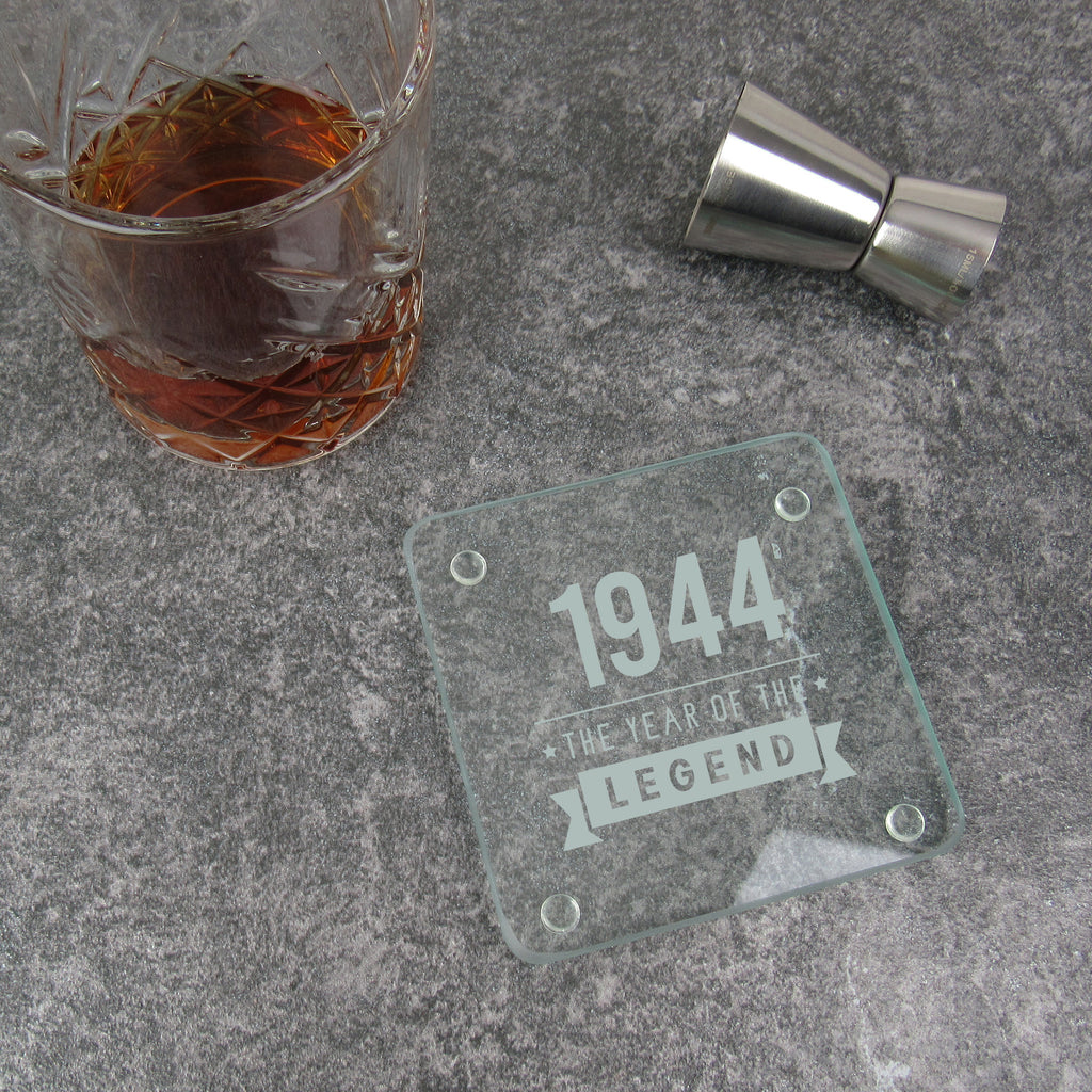Glass Coaster "1944 Year of The Legend" Design, 80th Birthday Gifts for Men, Square Drinks Mat