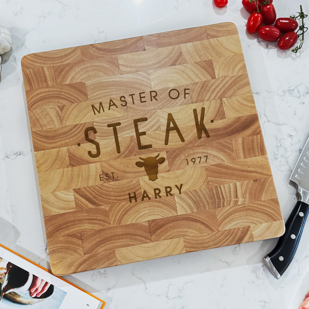 Personalised Wooden 'Master of Steak' Square End Grain Butchers Block