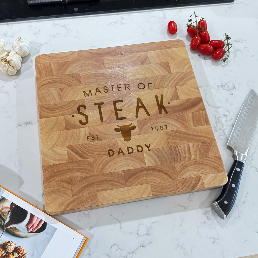 Personalised Wooden 'Master of Steak' Square End Grain Butchers Block