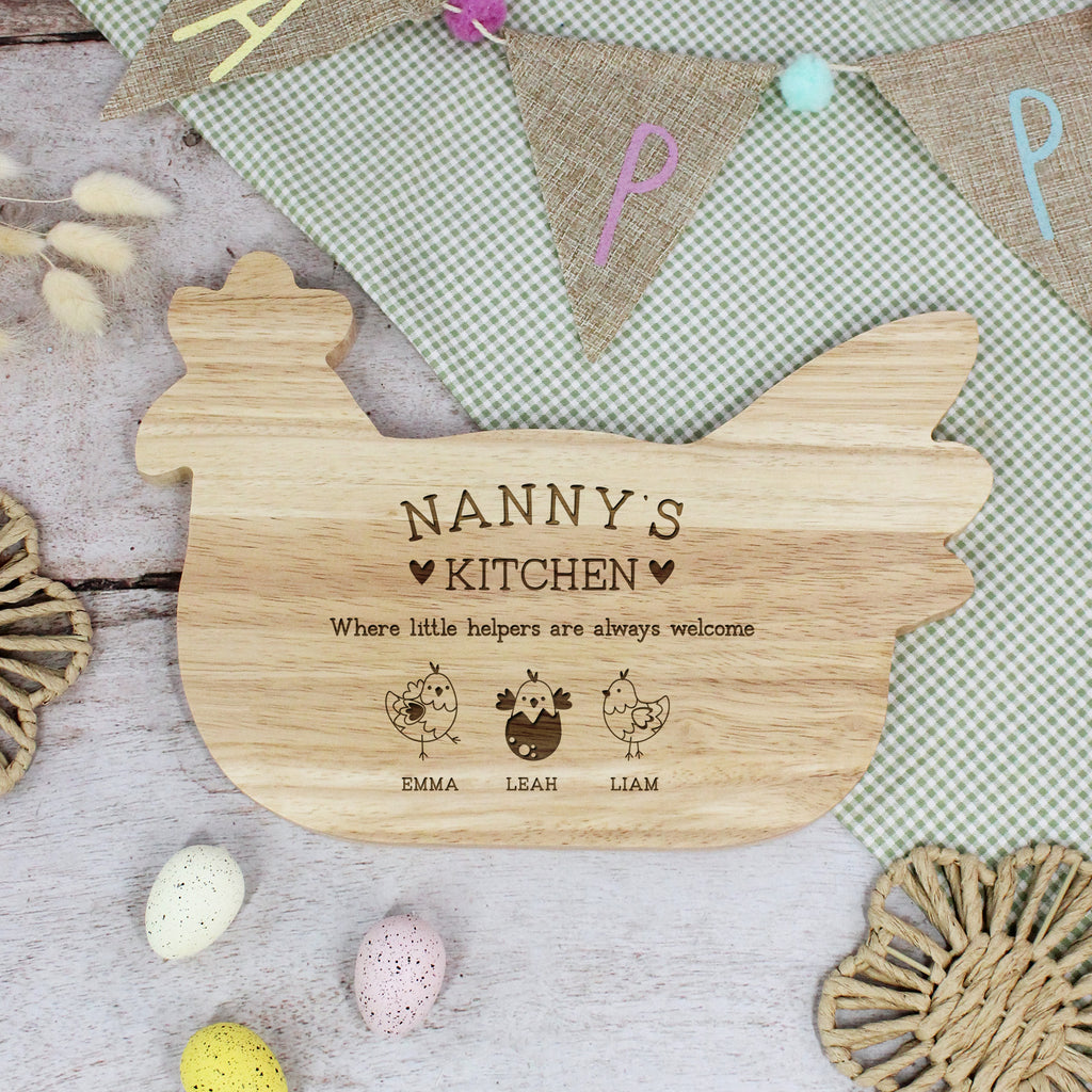 Personalised Chicken Shaped Grandma’s Kitchen Board with Chicken Family - Where Little Helpers Are Always Welcome