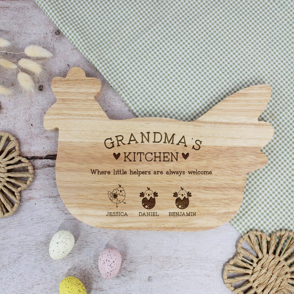Personalised Chicken Shaped Grandma’s Kitchen Board with Chicken Family - Where Little Helpers Are Always Welcome