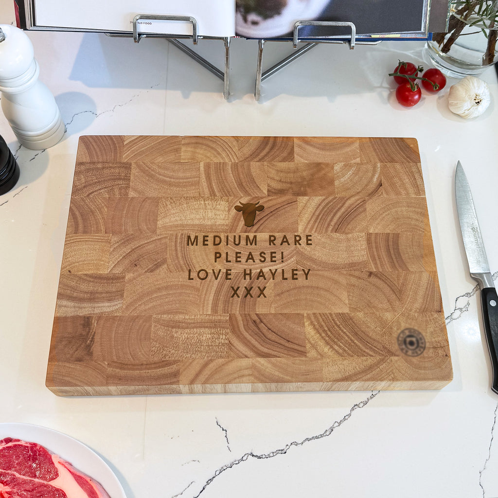 Personalised Wooden 'Master of Steak' Rectangle End Grain Butchers Block