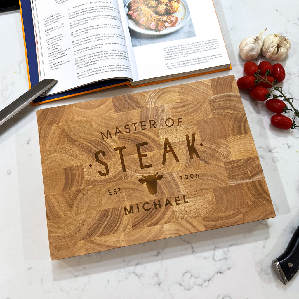 Personalised Wooden 'Master of Steak' Rectangle End Grain Butchers Block