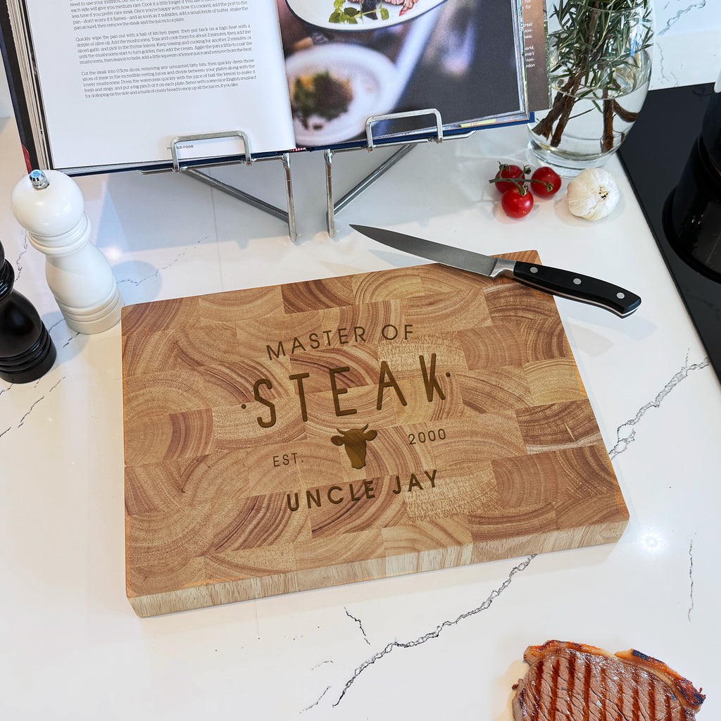 Personalised Wooden 'Master of Steak' Rectangle End Grain Butchers Block