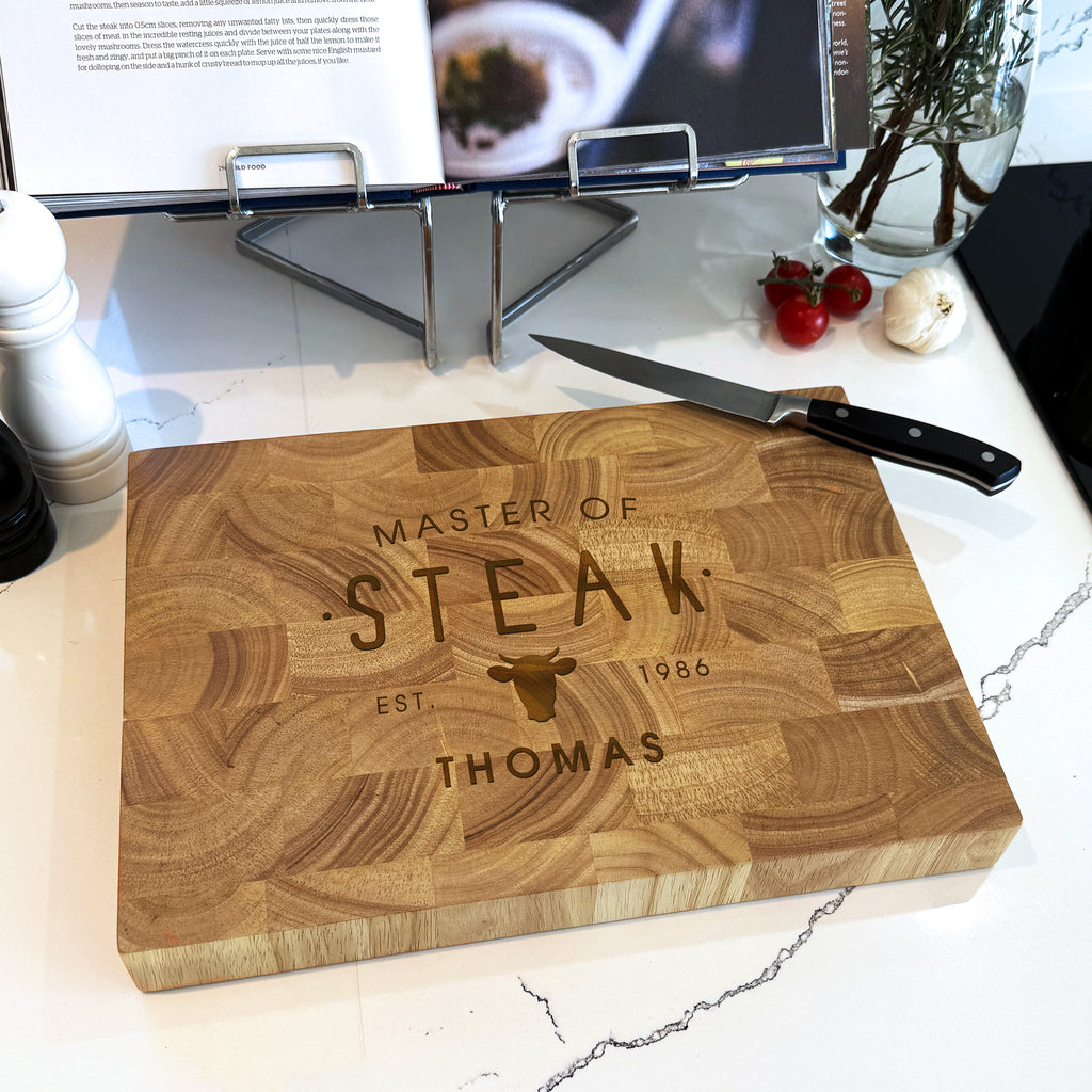 Personalised Wooden 'Master of Steak' Rectangle End Grain Butchers Block