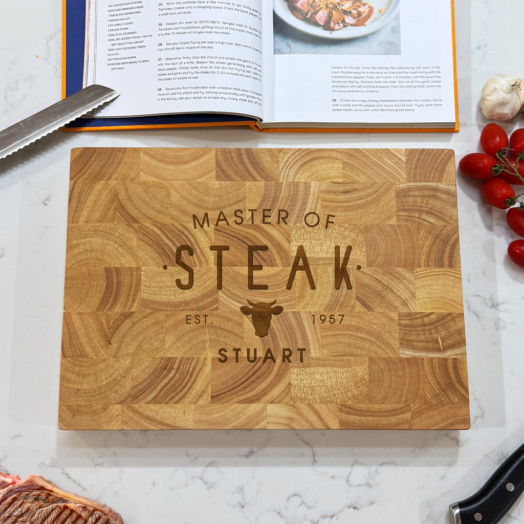 Personalised Wooden 'Master of Steak' Rectangle End Grain Butchers Block