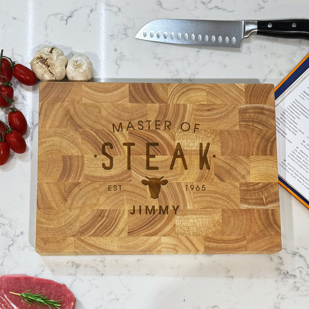 Personalised Wooden 'Master of Steak' Rectangle End Grain Butchers Block