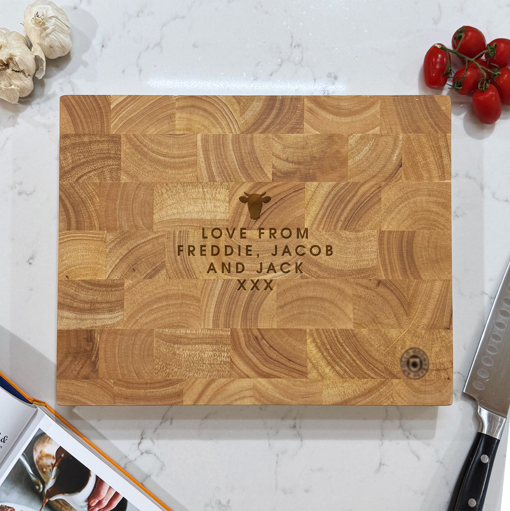 Personalised Wooden 'Master of Steak' Rectangle End Grain Butchers Block
