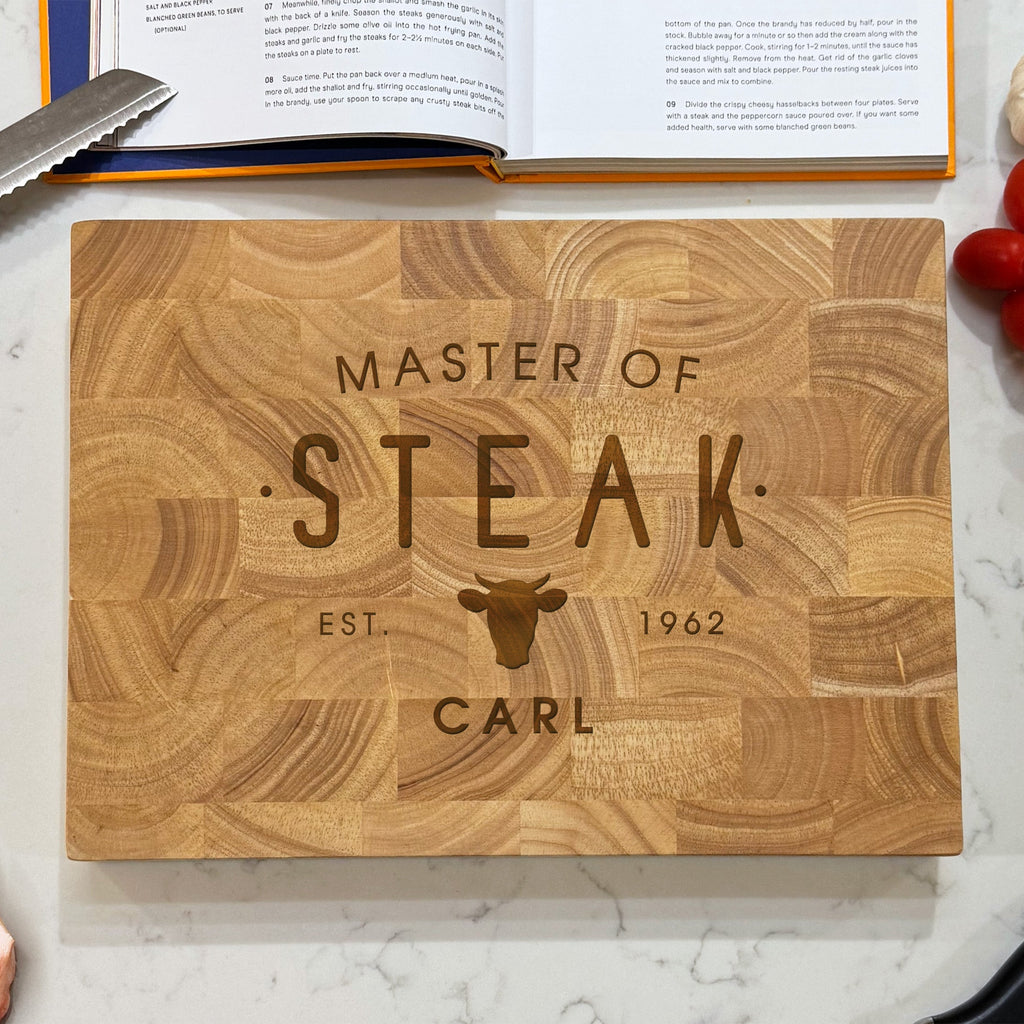 Personalised Wooden 'Master of Steak' Rectangle End Grain Butchers Block